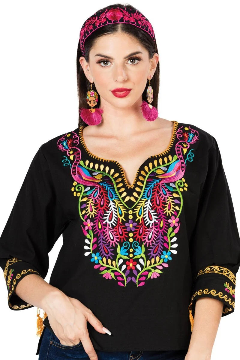 El General Women’s Blusa Tradicional Pavos Artesanal Mexicana 603179 Negra