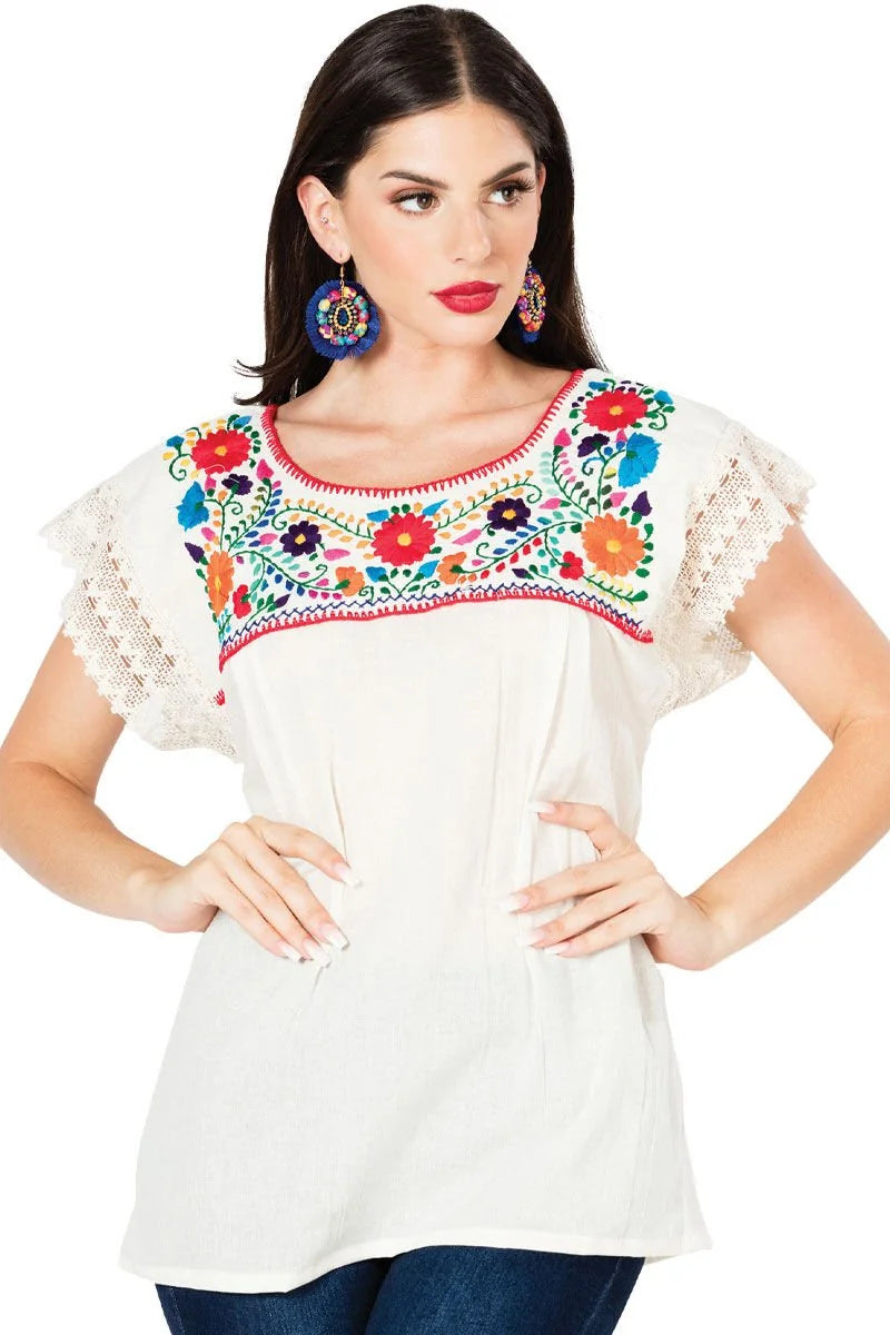 El General Women’s Blusa Típica Puebla Artesanal Mexicana 603097 Beige