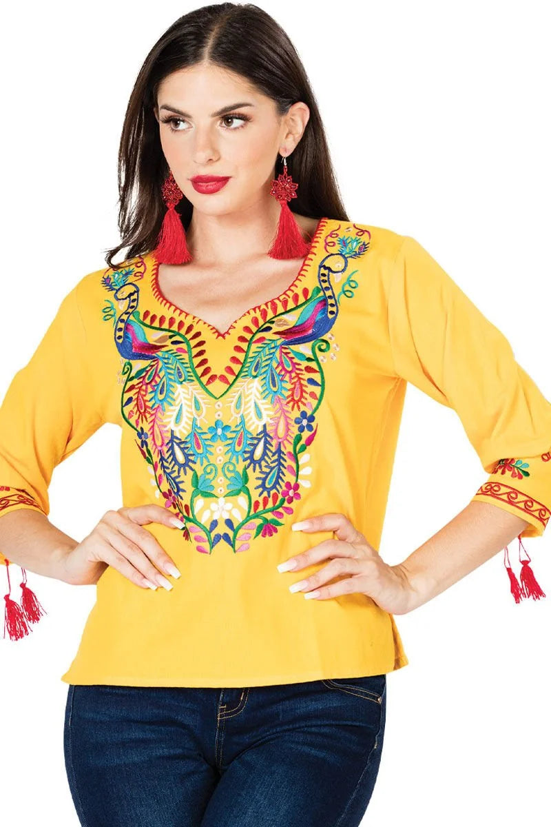 El General Women’s Blusa Tradicional Pavos Artesanal Mexicana 603180 Amarilla