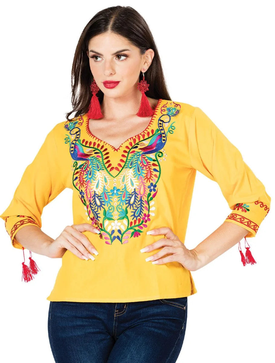 El General Women’s Blusa Tradicional Pavos Artesanal Mexicana 603180 Amarilla