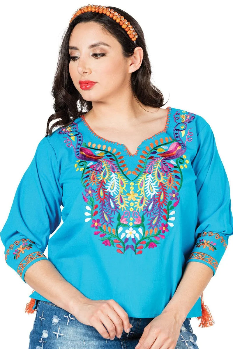 El General Women’s Blusa Tradicional Pavos Artesanal Mexicana 603181 Azul
