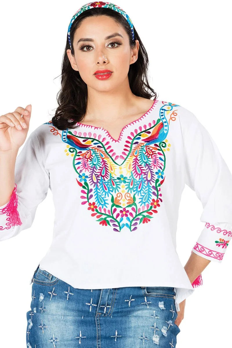 El General Women’s Blusa Tradicional Pavos Artesanal Mexicana 603182 Blanca