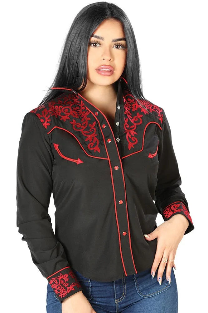 El General Women’s Blusa Vaquera Negra Bordado Rojo 126668