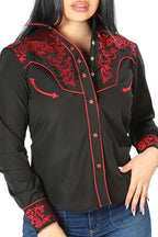 El General Women’s Blusa Vaquera Negra Bordado Rojo 126668