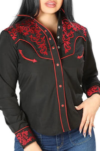 El General Women’s Blusa Vaquera Negra Bordado Rojo 126668