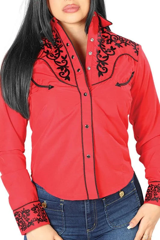 El General Women’s Blusa Vaquera De Dama Roja Bordado Negro 126670