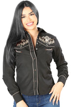 El General Women’s Blusa Vaquera Negra Bordado Bull Skull 126673