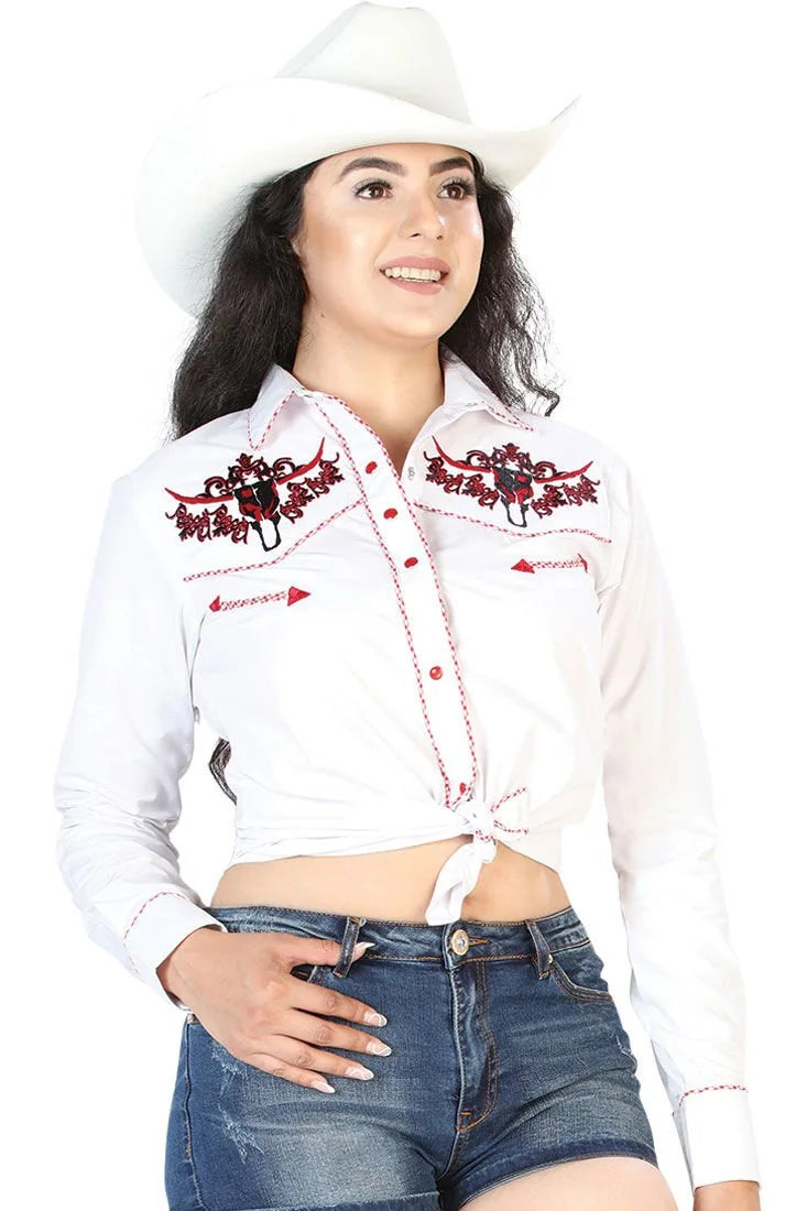 El General Women’s Blusa Vaquera Blanca Bordado Bull Skull 126674