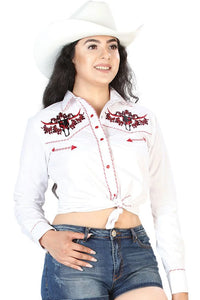 El General Women’s Blusa Vaquera Blanca Bordado Bull Skull 126674