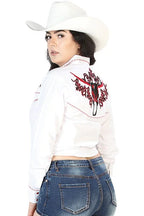 El General Women’s Blusa Vaquera Blanca Bordado Bull Skull 126674