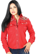 El General Women’s Blusa Vaquera Roja Bordado Bull Skull 126675