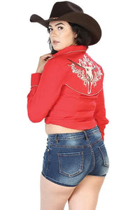 El General Women’s Blusa Vaquera Roja Bordado Bull Skull 126675