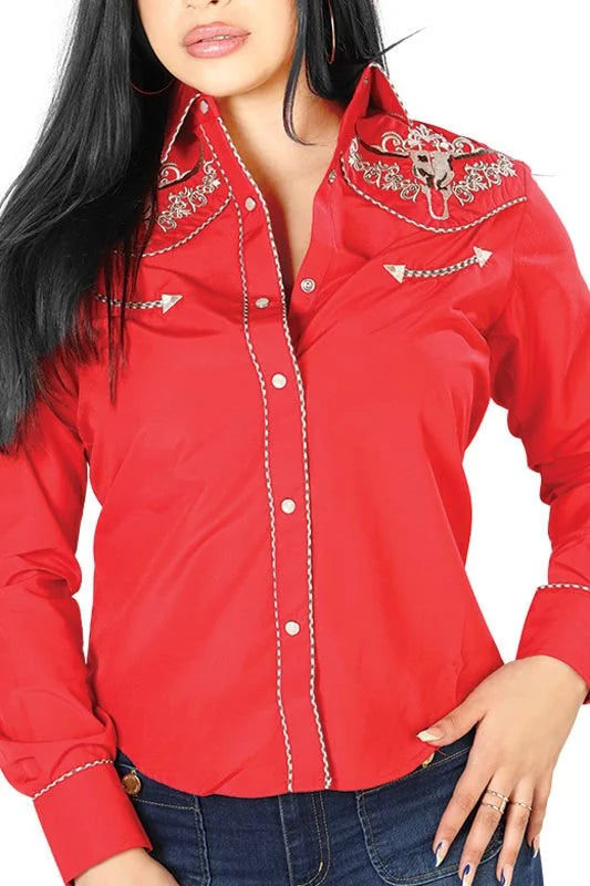 El General Women’s Blusa Vaquera Roja Bordado Bull Skull 126675