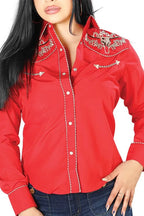 El General Women’s Blusa Vaquera Roja Bordado Bull Skull 126675