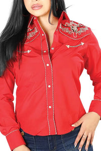 El General Women’s Blusa Vaquera Roja Bordado Bull Skull 126675