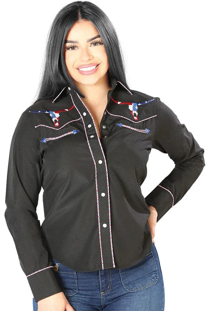 El General Women’s Blusa Negra Vaquera De Mujer Bull Skull USA 126680