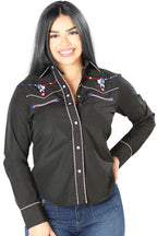 El General Women’s Blusa Negra Vaquera De Mujer Bull Skull USA 126680