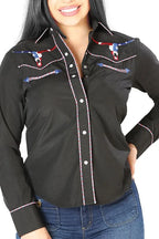 El General Women’s Blusa Negra Vaquera De Mujer Bull Skull USA 126680