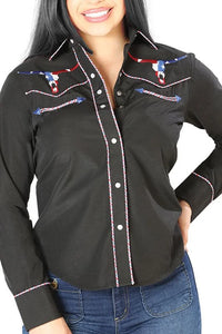 El General Women’s Blusa Negra Vaquera De Mujer Bull Skull USA 126680