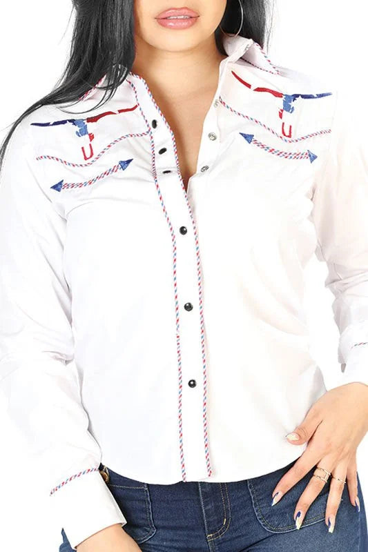 El General Women’s Blusa Blanca Vaquera De Mujer Bull Skull USA 126681