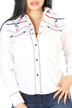 El General Women’s Blusa Blanca Vaquera De Mujer Bull Skull USA 126681