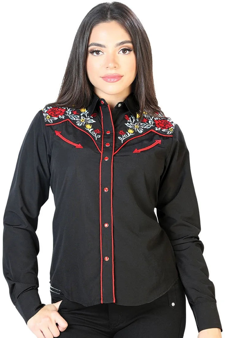 El General  Women’s Blusa Vaquera Negra Flores Rojas Y Amarillas 126685