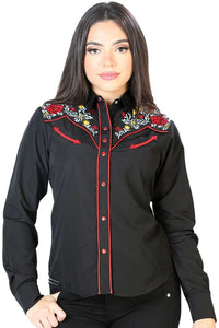 El General  Women’s Blusa Vaquera Negra Flores Rojas Y Amarillas 126685