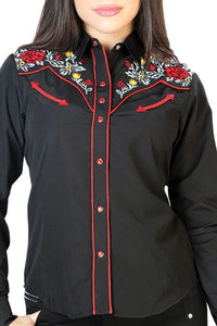 El General  Women’s Blusa Vaquera Negra Flores Rojas Y Amarillas 126685