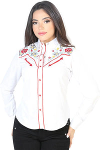 El General  Women’s Blusa Vaquera Blanca Con Flores Rojas Y Amarillas 126686
