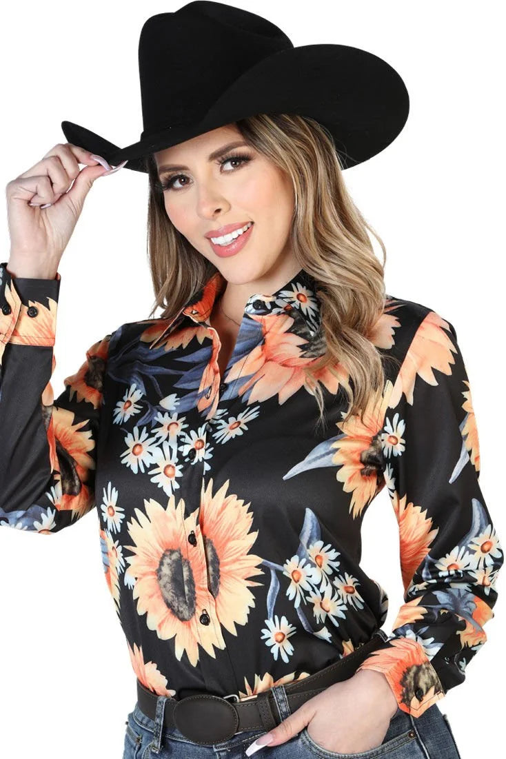 El General Women’s Blusa Vaquera Negra ESDLC 43900 Diseño De Girasoles