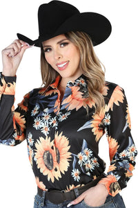 El General Women’s Blusa Vaquera Negra ESDLC 43900 Diseño De Girasoles