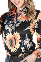 El General Women’s Blusa Vaquera Negra ESDLC 43900 Diseño De Girasoles