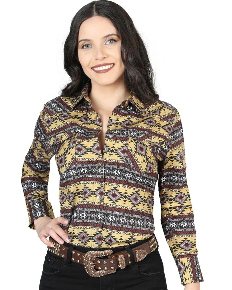 El General Women’s Camisa Vaquera Para Mujer Amarilla Estampada De Algodón 44406
