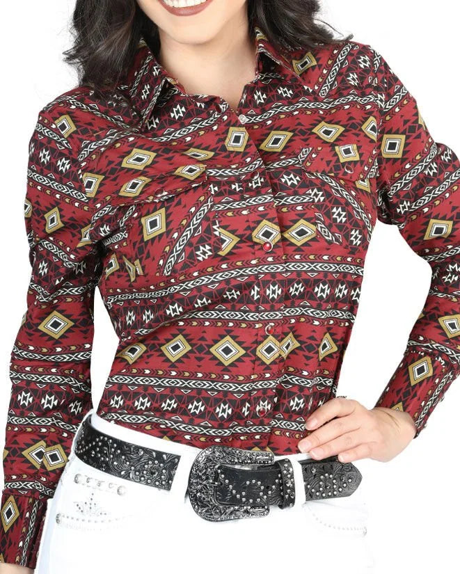 El General Women’s Camisa Vaquera Para Mujer Burgundy Estampada De Algodón 44407