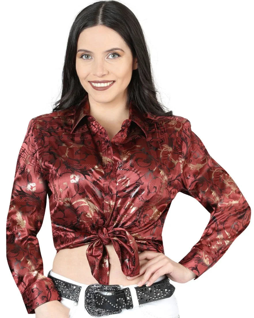 El General Women’s Blusa Estampada De Moda Manga Largao Corta Burgundy 44595