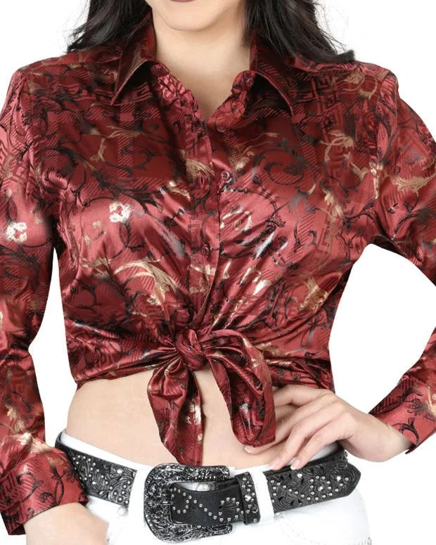 El General Women’s Blusa Estampada De Moda Manga Largao Corta Burgundy 44595