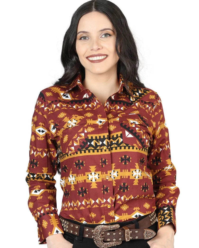 El General Women’s Camisa Vaquera Color Ladrillo De Mujer Snap Bottom 44424