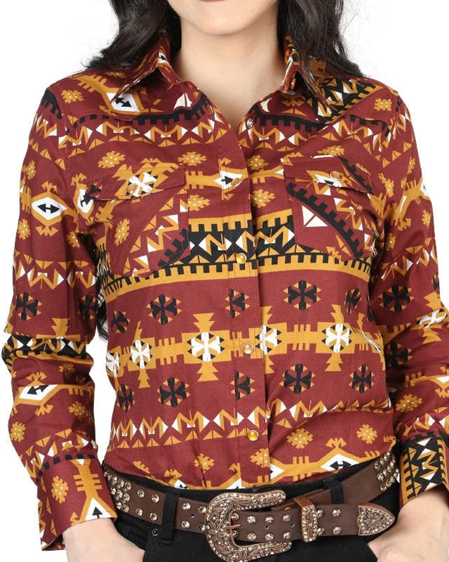 El General Women’s Camisa Vaquera Color Ladrillo De Mujer Snap Bottom 44424