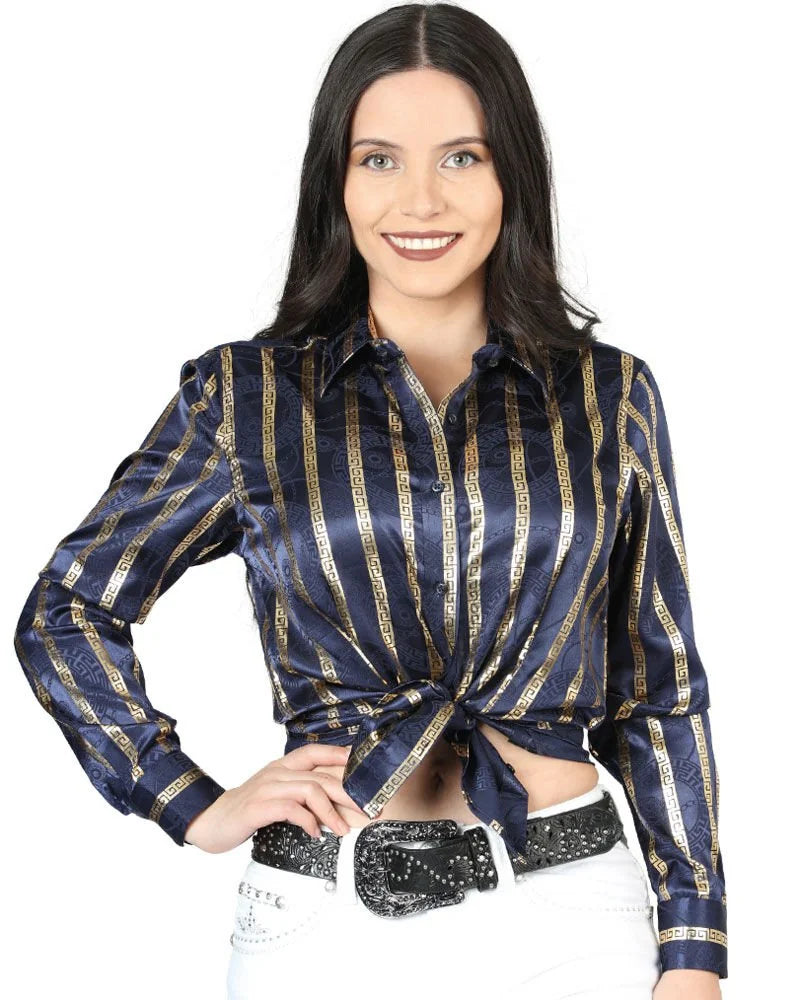 El General Women’s Blusa Con Líneas De Grecas Doradas Color Navy 44562