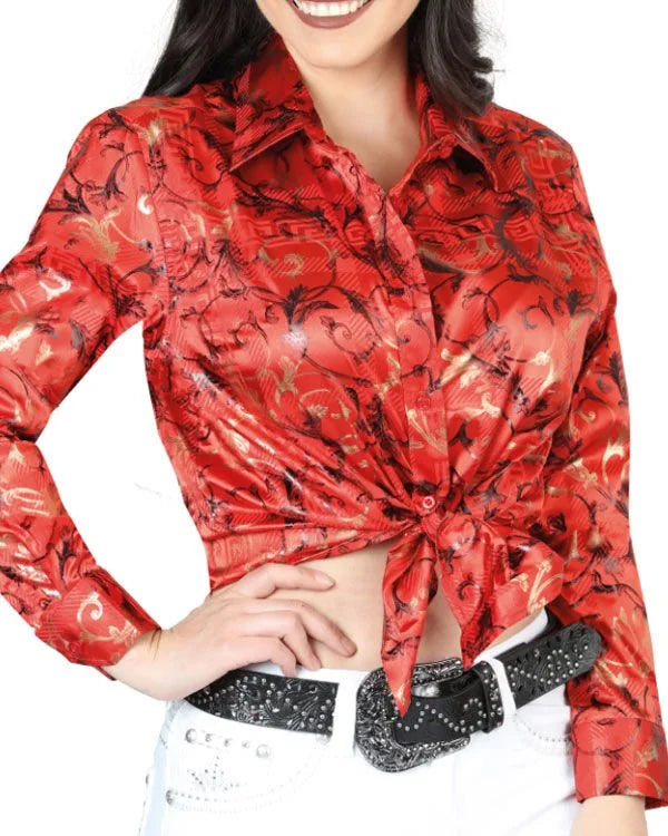 El General Women’s Blusa Estampada De Moda Manga Larga Roja 44597