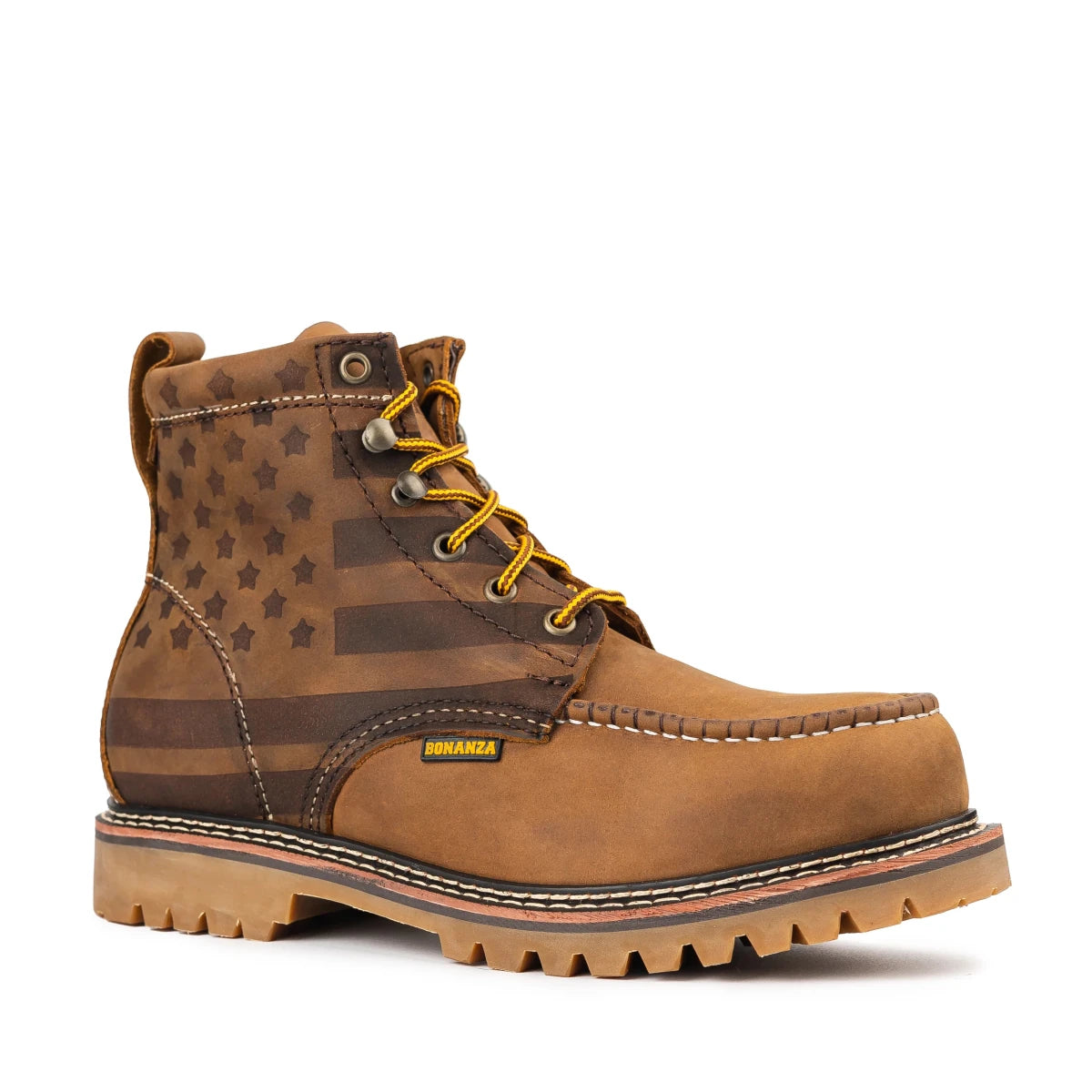 Bonanza Heritage USA Flag 6” Moc Toe Work Boots – Brown - OriginalWestern.com