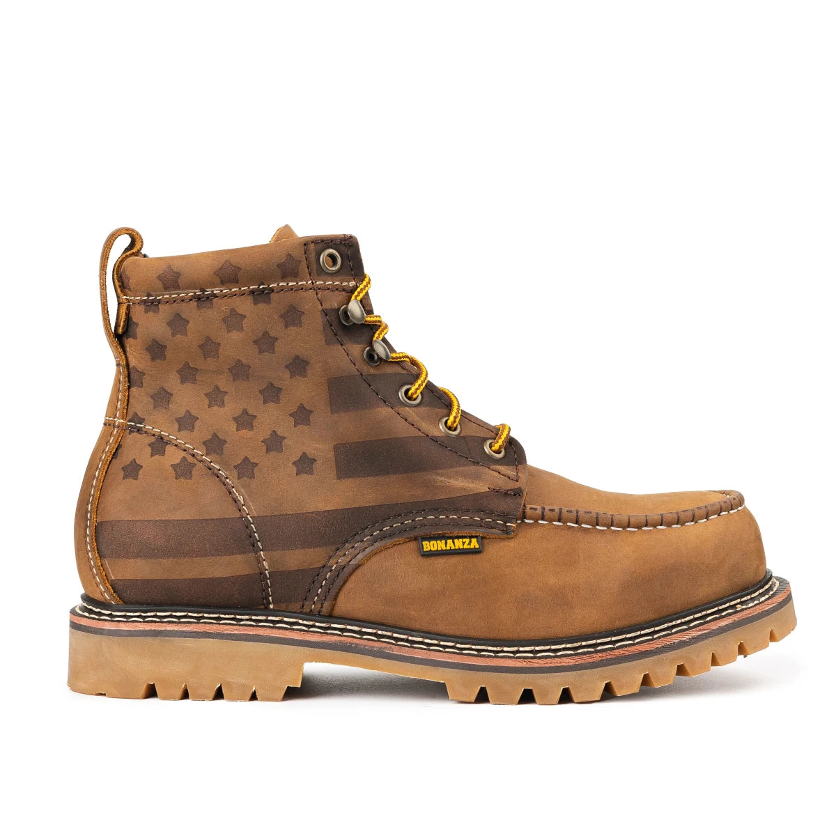 Bonanza Heritage USA Flag 6” Moc Toe Work Boots – Brown - OriginalWestern.com
