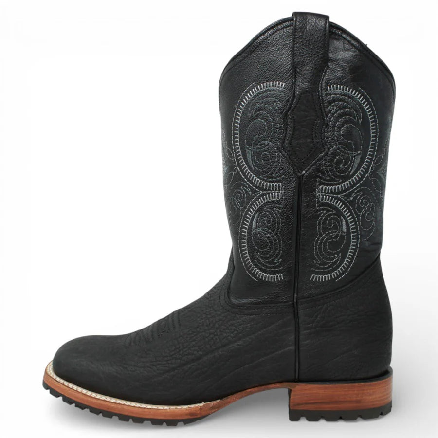 White Diamonds Men's Bull Shoulder Leather Square Toe Tractor Sole Cowboy Boots - Black