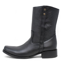 Black leather boot with a textured design on a white background