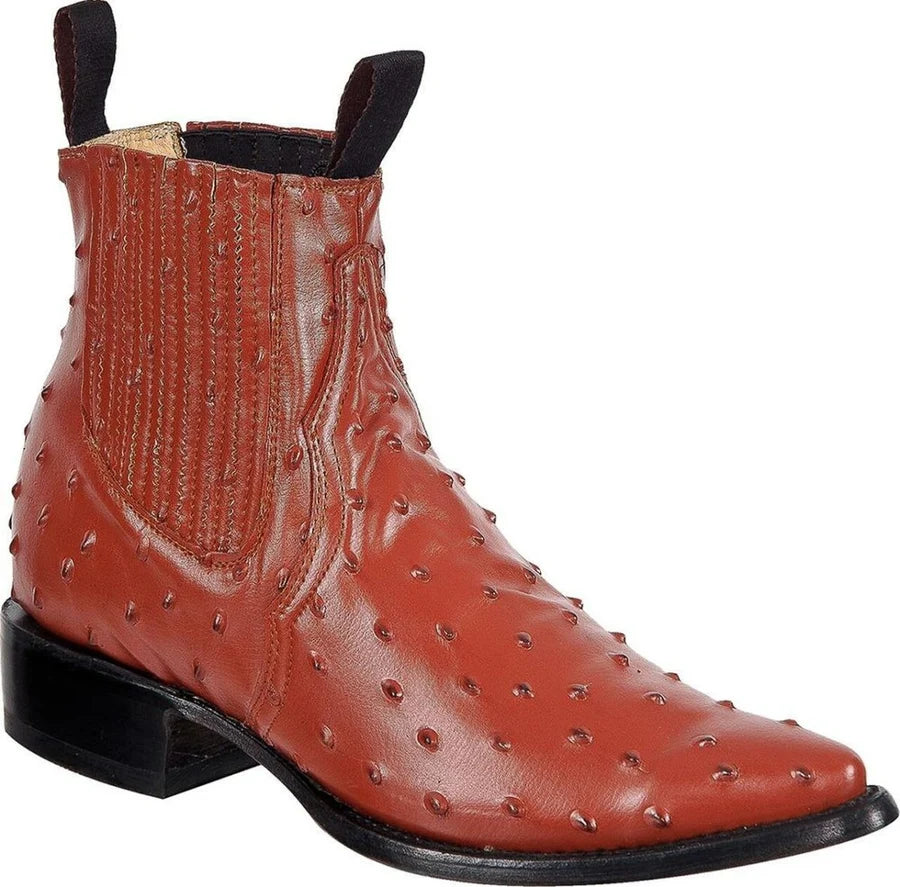 Men's Full Quill Ostrich Print J-Toe Short Ankle Western Cowboy Boots - Cognac