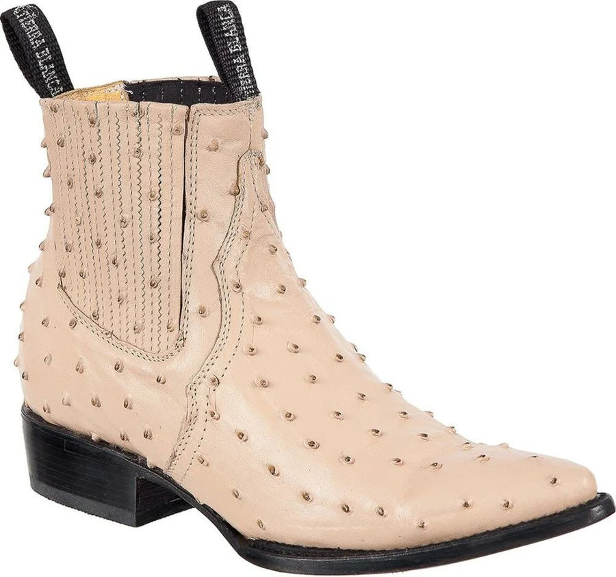 Men's Full Quill Ostrich Print J-Toe Short Ankle Western Cowboy Boots - Oryx
