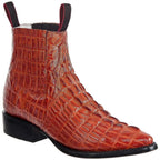 Men's Caiman Alligator Print J-Toe Short Ankle Western Cowboy Boots - Cognac
