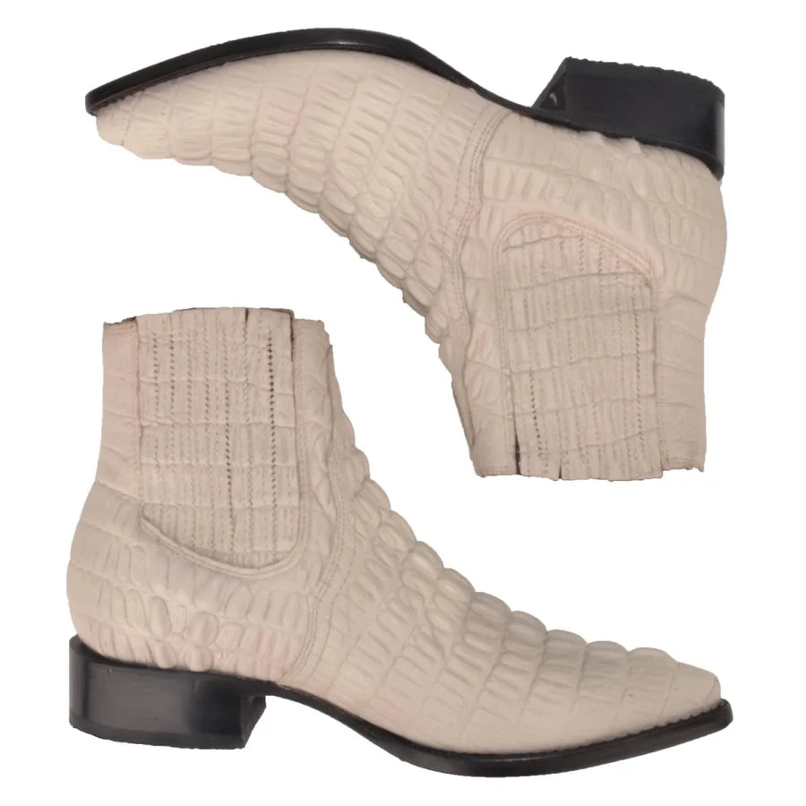 Men's Caiman Alligator Print J-Toe Short Ankle Western Cowboy Boots - Bone