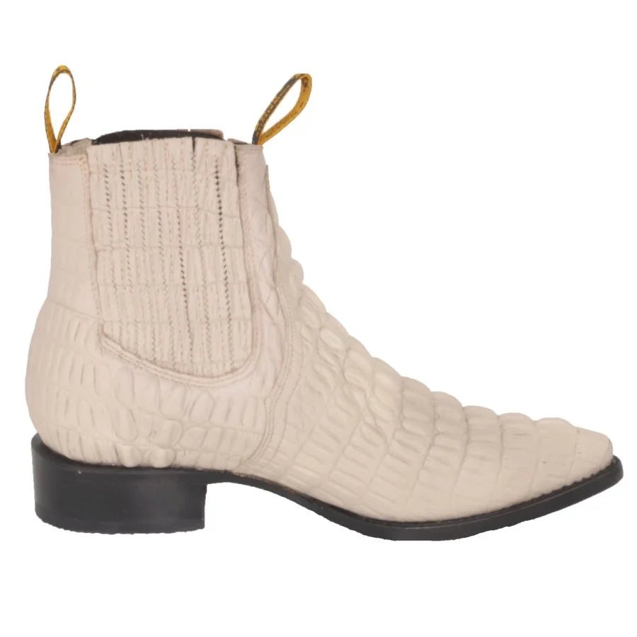 Men's Caiman Alligator Print J-Toe Short Ankle Western Cowboy Boots - Bone