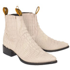 Men's Caiman Alligator Print J-Toe Short Ankle Western Cowboy Boots - Bone